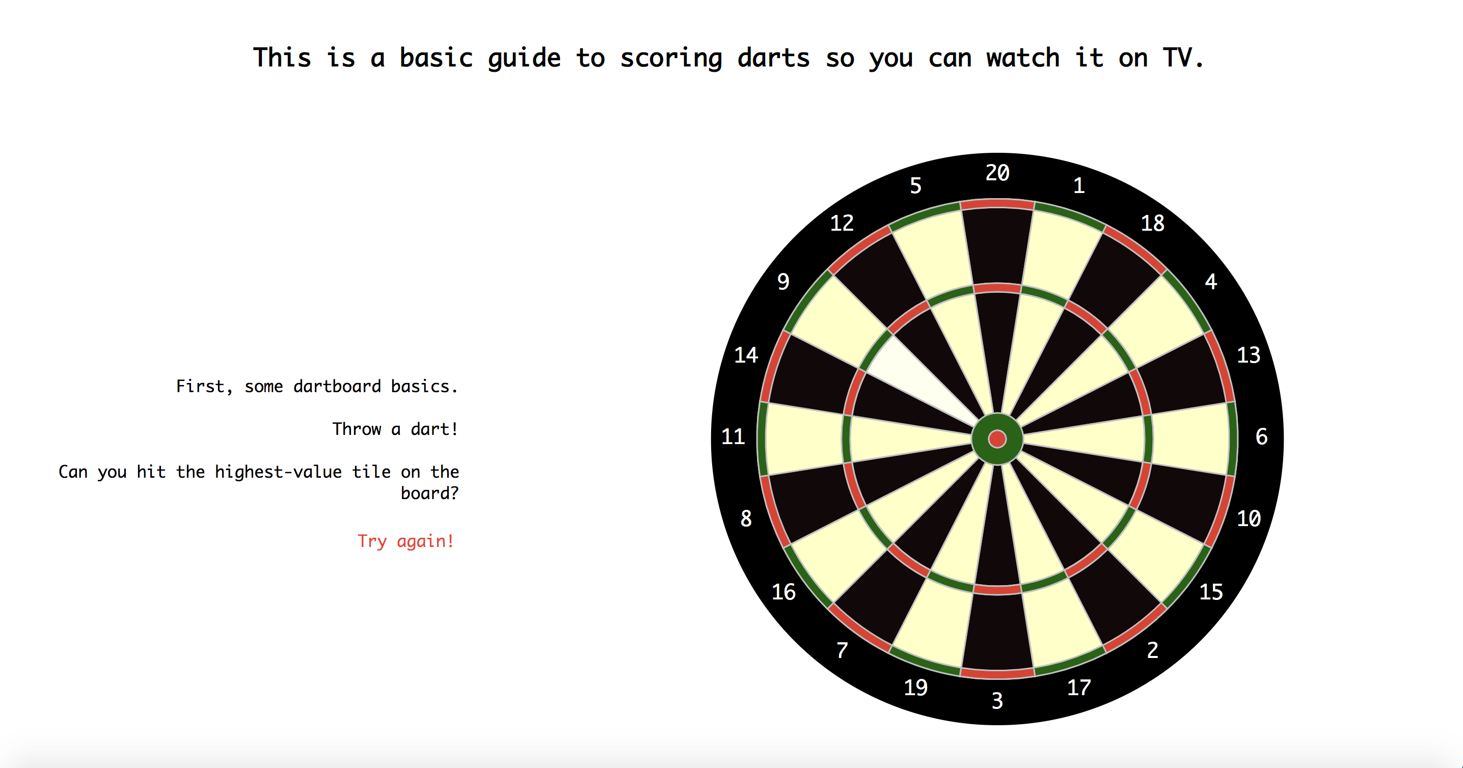 An image of the Project 2 page, a clickable dartboard.
