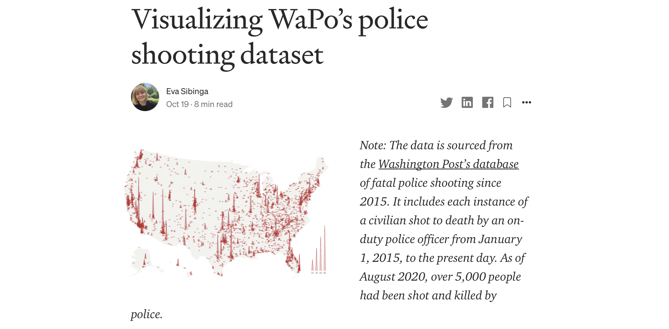 An article title and spikemap showing police shooting deaths in the US since 2015